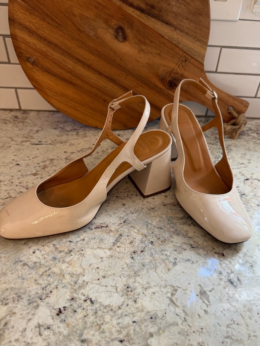 SEZANE $225 Eliza Cream Patent Slingback Block Heel Pumps EU38 US 7 GUC